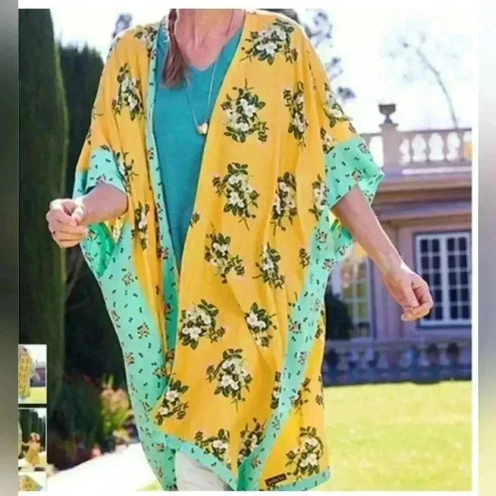 Matilda Jane What a Catch Floral Yellow and Aqua Kimona Size M/L